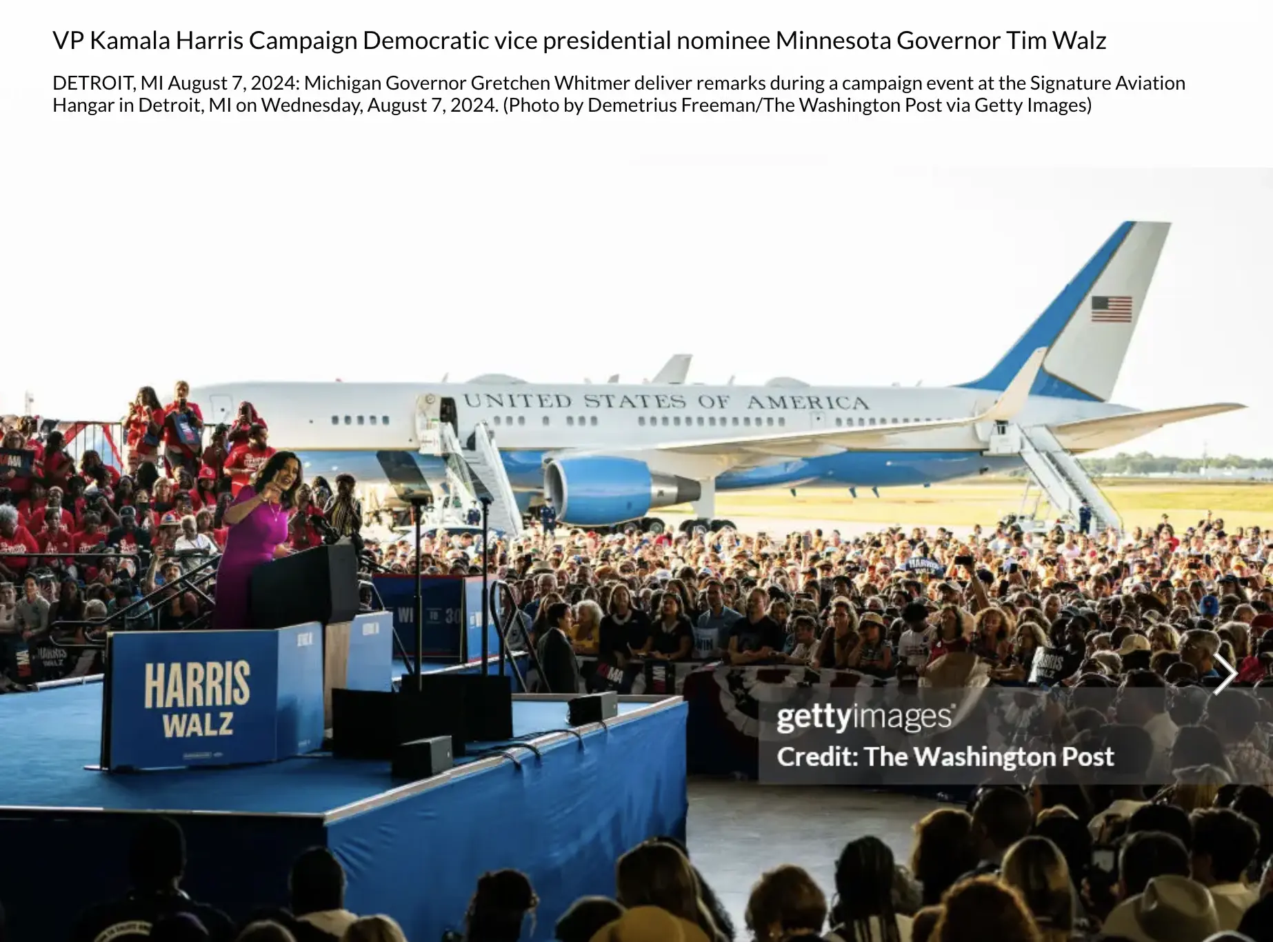 《华盛顿邮报》摄影记者拍摄的哈里斯8月7日密歇根集会的照片。